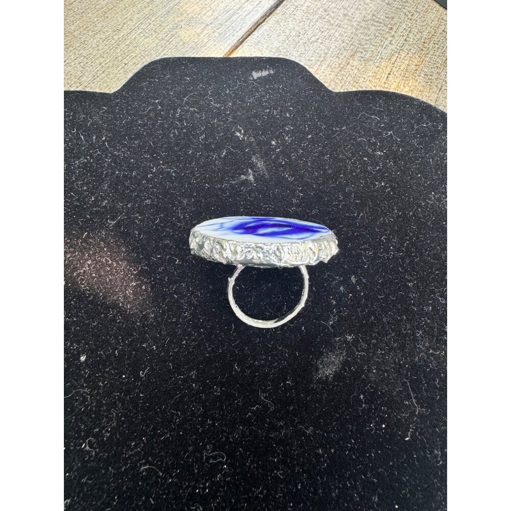 Artisan Silver & Blue Willow China Statement Cocktail Rose Ring Size 9 - Picture 9 of 16